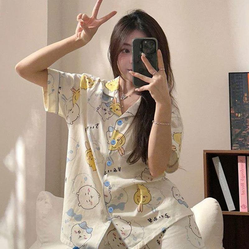 Sweet and Cute Pajamas Women's Summer Short-sleeved Trousers Girls Loungewear Suit