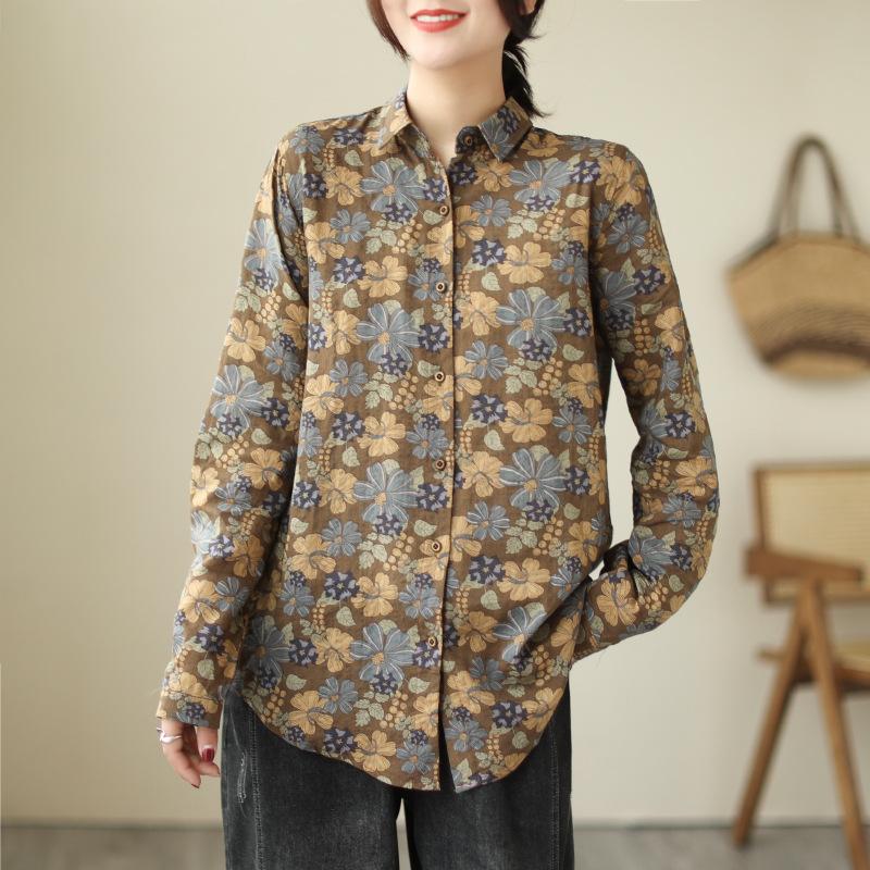 1116 Early Autumn New Literary and Retro Printing Cotton and Linen Long-sleeved Shirt Women's Autumn Loose Mother Shirt