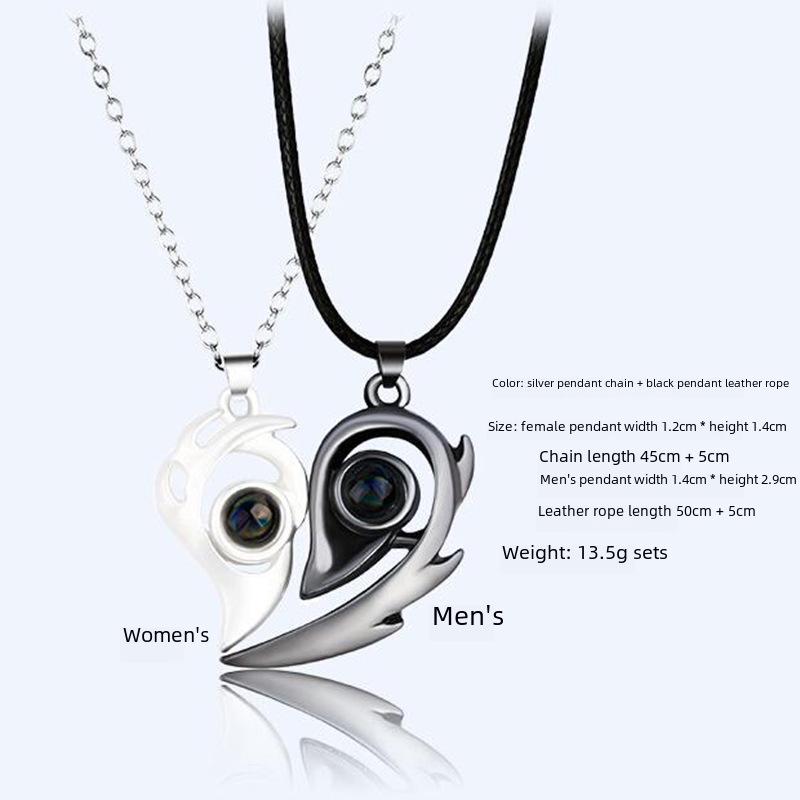 "I Love You" Projection Necklace with Magnetic Love Couple Design - Multilingual 100 Languages Pendant Pair.