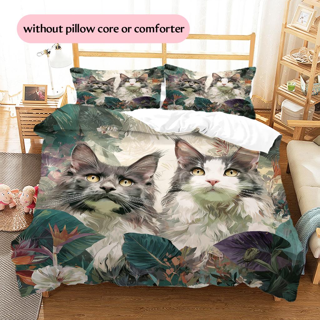 Maine Coon and Flowers Pattern Bedding Home Decoration Birthday Gift (1 * Duvet Cover + 2 * Pillowcase, Without Core)