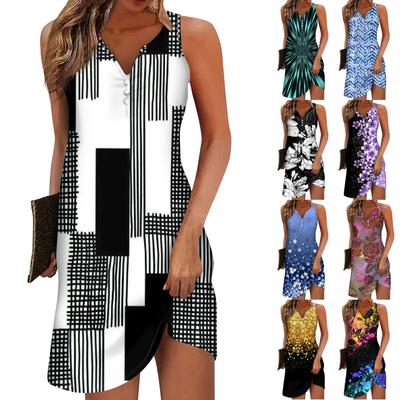 Damen V-Ausschnitt Sommer Sommerkleider Casual Knielang Ärmellos Tank Kleid Sommer