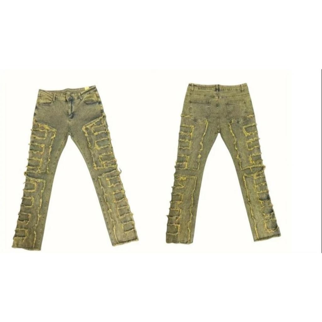 ZYLLO Casual Distressed Men's Jeans Tassels Patchwork Design Vintage Washed Stretch Denim Pants Straight Fashion Streetwear Trousers