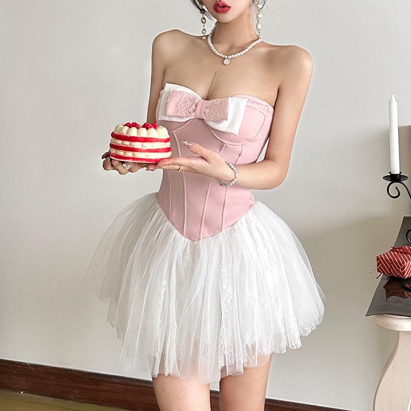 Women's Fashion Sexy Spice Girls with Chest Contrast Color Bow Waist Dress