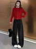 2026 Spring Red Rhinestone Baby's Breath Slimming Plus Velvet Wide Leg Cropped Pants
