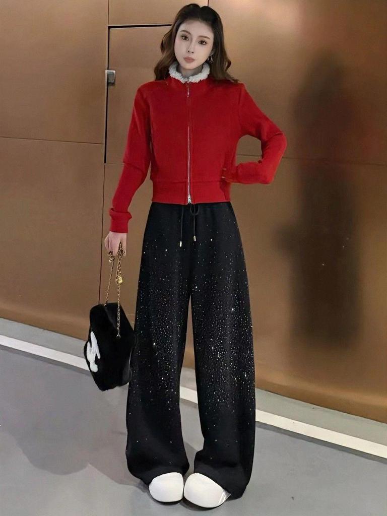 2026 Spring Red Rhinestone Baby's Breath Slimming Plus Velvet Wide Leg Cropped Pants