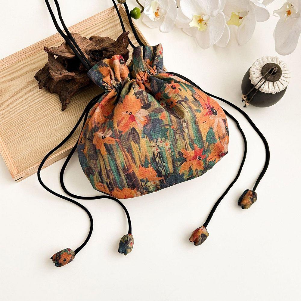 Silk Material Retro Handbags Drawstring Closure Storage Function Embroidery Silk Bags Embroidery Design Drawstring Purse