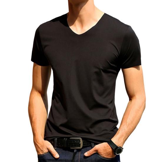 Men Summer T-shirt Solid Color Seamless Ice Silk V Neck Short Sleeves Soft Breathable Pullover Sports Business