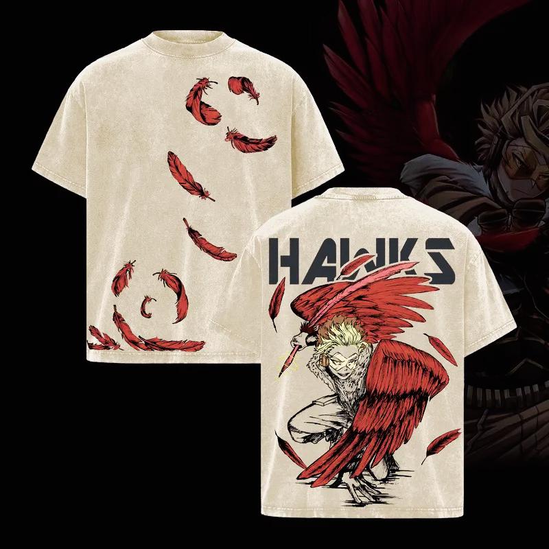 My Hero Academia Anime T-shirt Hawks Washed Oversized T Shirt Men Women Clothing Short Sleeve High Quality Cotton Tees Tops S бежевый 1590₽