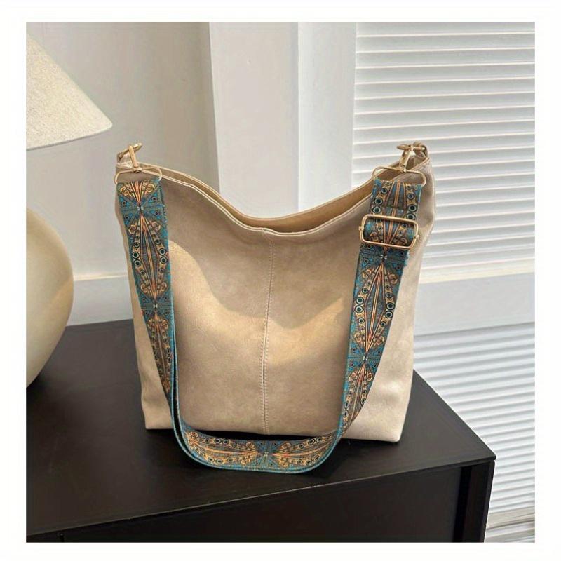 Boho Chic Faux Leather Shoulder Bag for Women Large Capacity Crossbody Tote with Vintage Wide Strap Casual Commuter Hand Bill