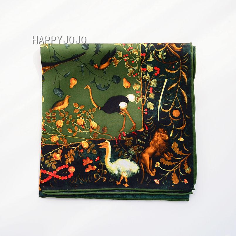 Army green luxury silk scarf women printed bird 100% real silk twill scarves wrap foulard shawl  90cm square bandana lady gift