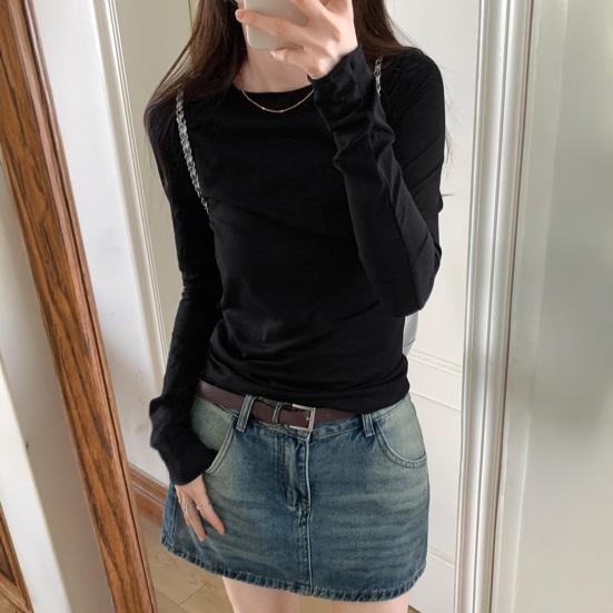 Women T-shirt Round Neck Long Sleeve Slim Fit Solid Color Tops Soft Stretchy Tee Shirt Work Party Casual Wear