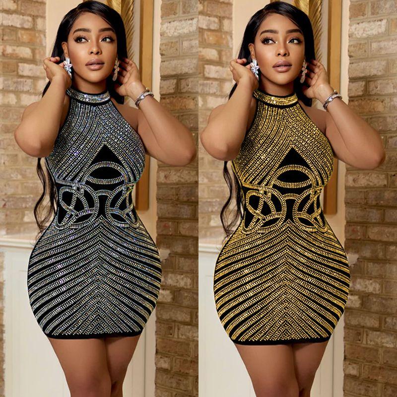 European and American Sexy Tight Sleeveless Nightclub Dress Rhinestone