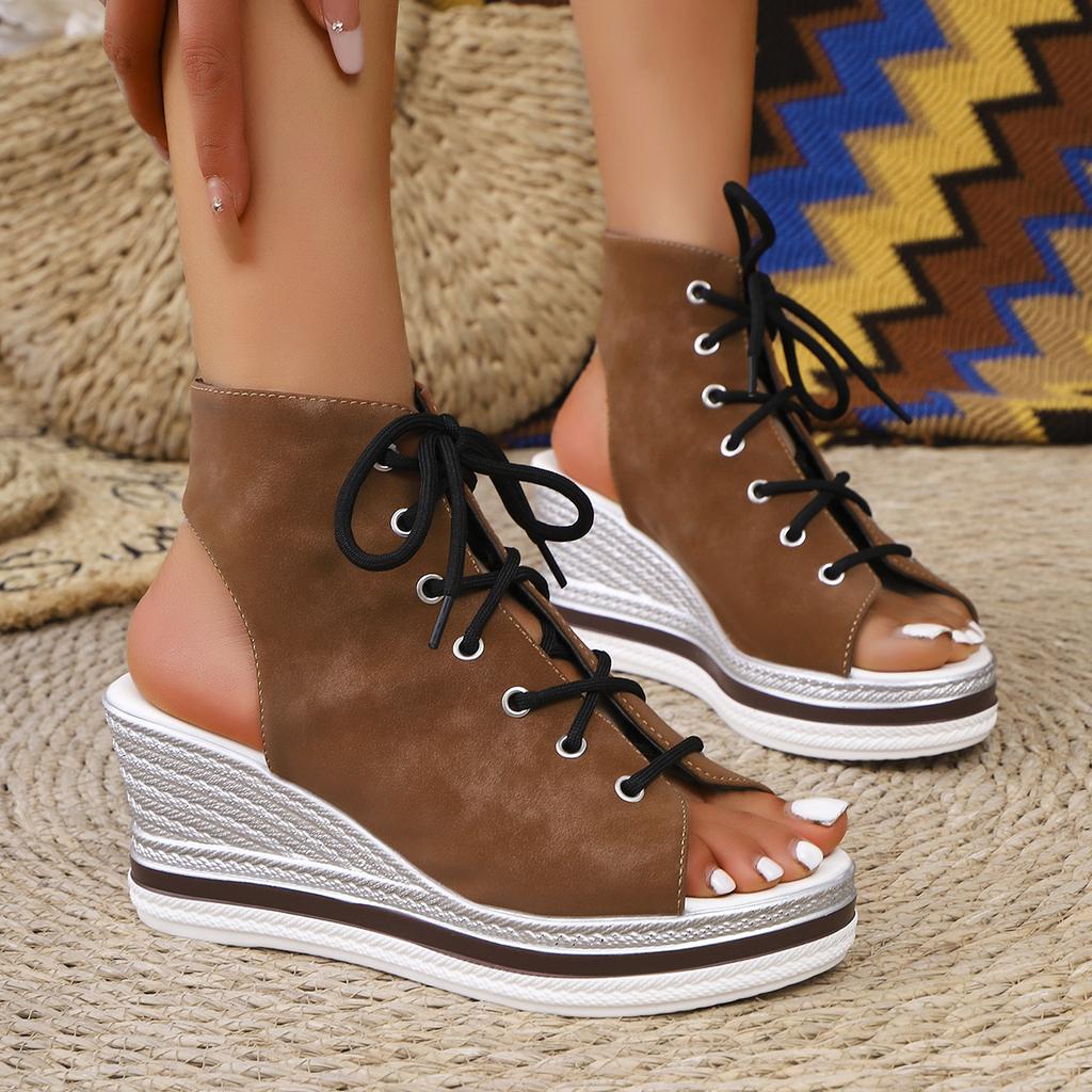 Fashion Casual Canvas Lace Up Peep Toe Sandals Women 2025 Summer Sexy Chunky Platform Wedge Heel Sandals Fashion High Heel Ankle Shoes