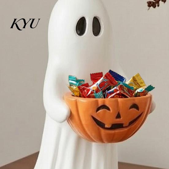 Festive Home Accents Halloween Ghost Figurine with Pumpkin Candy Bowl, Cute Resin Statue, Freestanding Vintage Style Ornament Trick or Treat