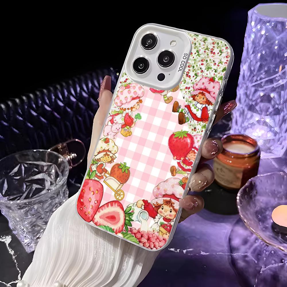 Pink Strawberry Cartoon S-Shortcake Phone Case For iPhone 16 15 14 13 12 11 Pro Max White Matte Laser Metallic Aurora Funda