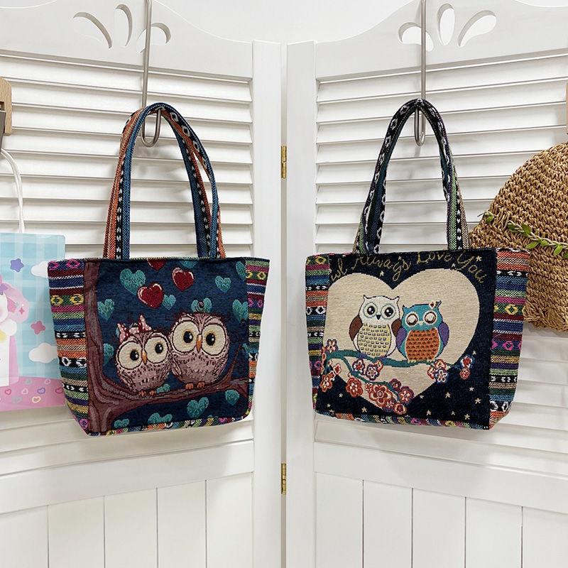 Ethnic Style Handbag Trendy Animal Embroidery Handbag Canvas Women Shoulder Bags Women Grocery Storage Pouch