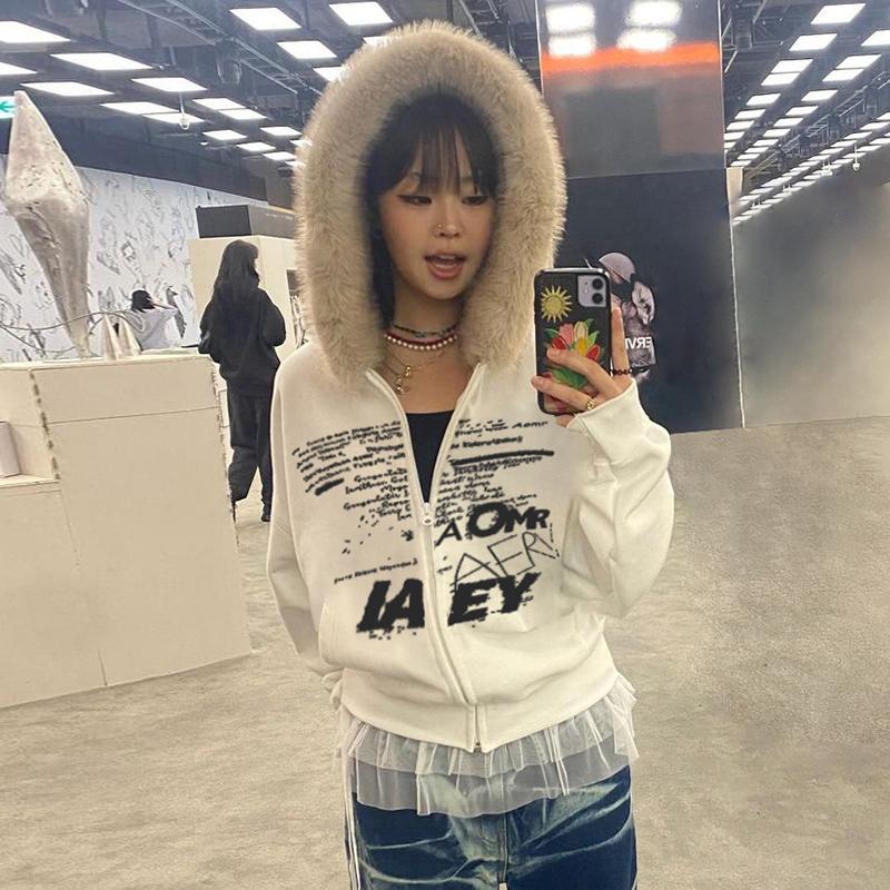 Fur Collar Hooded Zipper Coats for Women Harajuku Letter Printed Hoodies Streetwear Thick Coat Autumn Winter Jacket Y2K