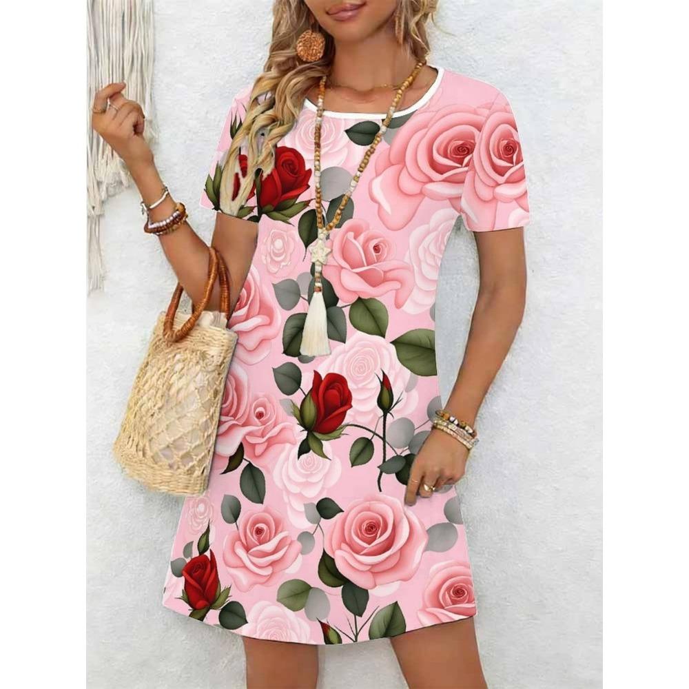 Ladies' Summer Short Sleeve Round Neck Casual Dress 3D Red Rose Pattern Print Comfortable Elegant Women's Clothing