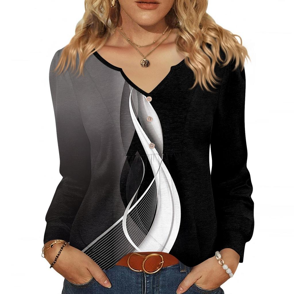Women's Fashionable Casual V-neck Blouse Button Long-sleeved Pullover T-shirt Top