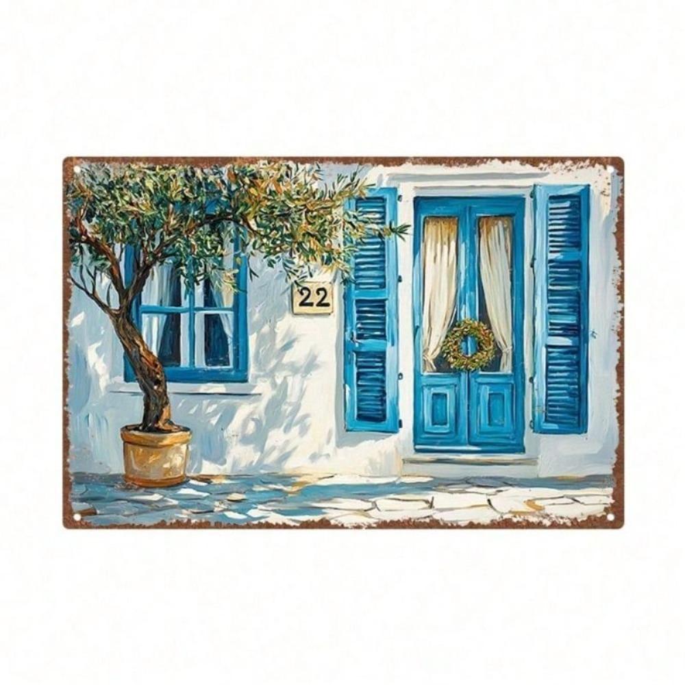 Vintage Olive Tree Blue Door Metal Wall Art 30cm