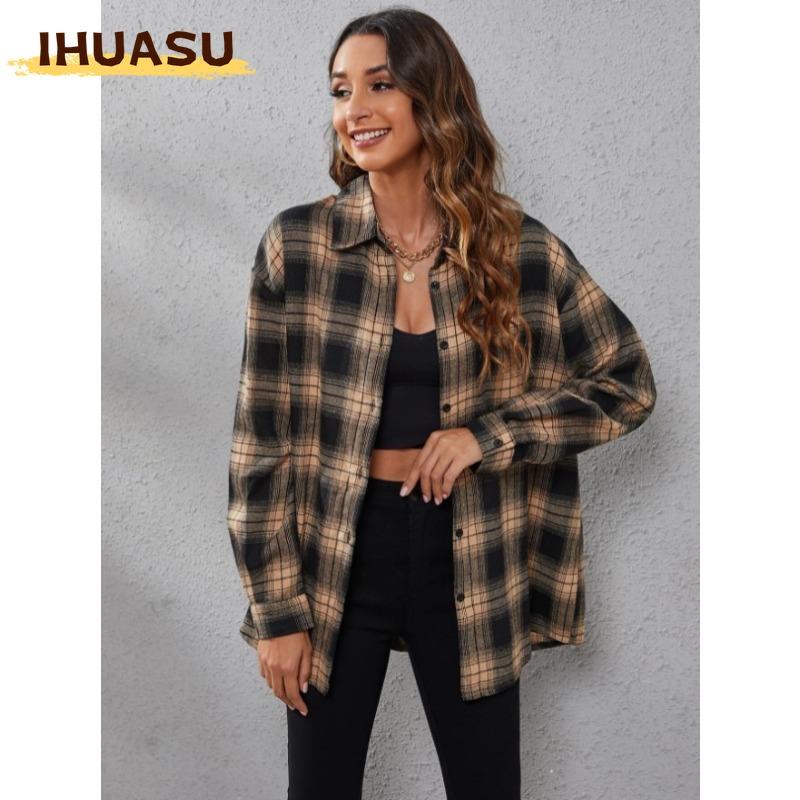 IHUASU Women's Vintage Casual Autumn Winter Long Sleeve POLO Neck Jackets & Coats