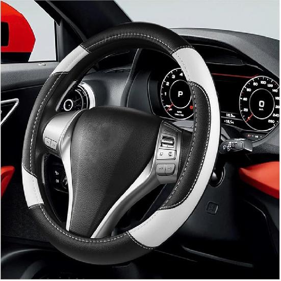 BELOMI Leather Car Steering Wheel Cover, Universal 15 Inch For Car Truck SUV, Non-Slip And Breathable, Sport Style Design Odorless Steering Wheel