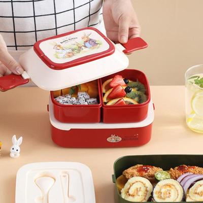 Portable Bento Box With Compartments Double Layers Cute Rabbit Lunch Box With Handle Storage