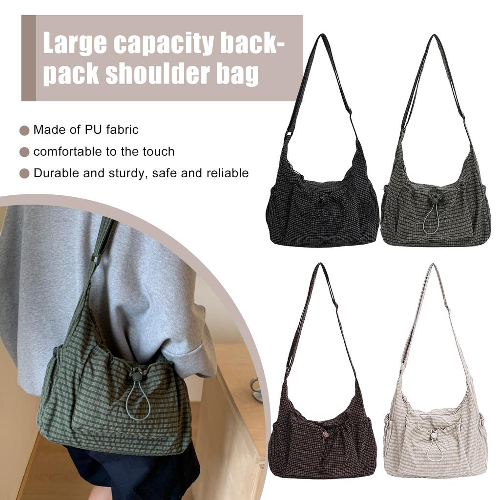 Women Checkered Sling Bag Nylon Drawstring Crossbody Bag Pleated Shoulder Bag Shopping Date Retro Casual Women's Handbag