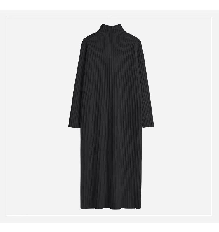 Women's Mid-Length Wool Knit Dress - Loose, Long Sleeve, Half-High Collar, Perfect for Layering Under Coats, Autumn & Winter Wear.