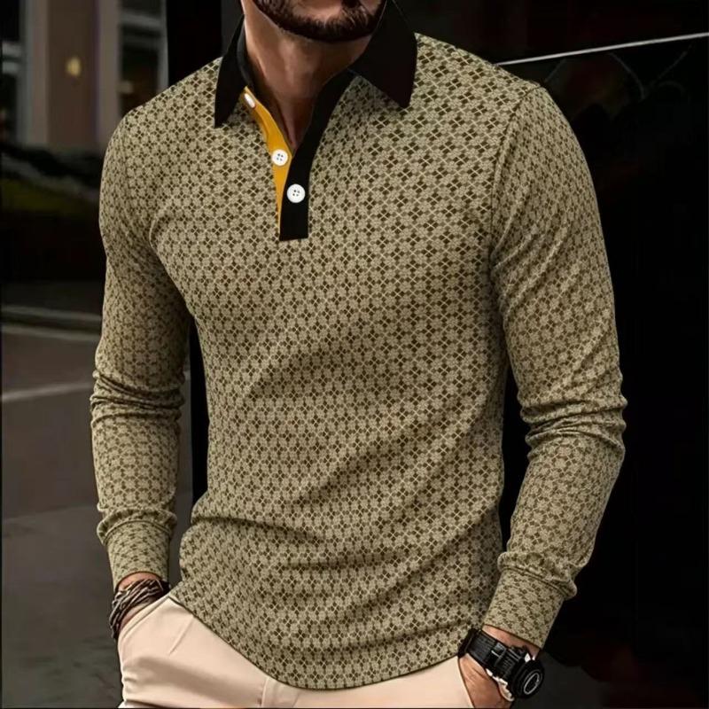 Men S Long Sleeve Polo Shirt Fashion Print Plaid Casual Style