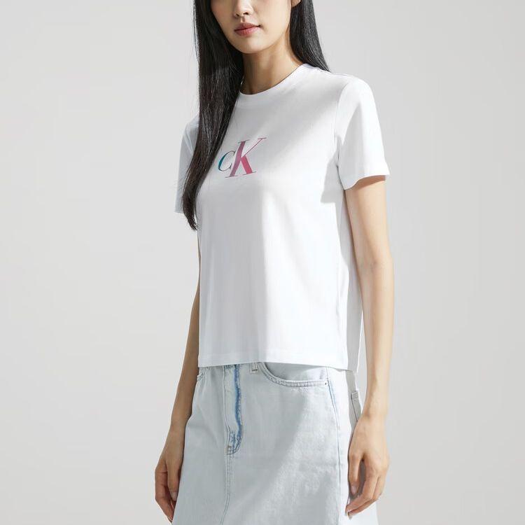 Calvin Klein Letter Print Crew Neck Pullover Short Sleeve Regular T-Shirt Women Tops Moonlight-White J222493-YAF