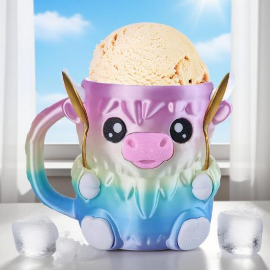 Highlandskveg Iskrem Pint Holder med 2 Skjeer Pingvin Iskremholder Gjenbrukbare Popsicle Beholdere Ølboksholder for Kjøkken Kafé Restaurant