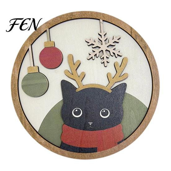 Holiday Gift Ideas Christmas Black Cat Wall Decor, Layered Wooden Hanging Sign, Round 2D Modern Home Art Flat Decoration for Living Room Bedroom