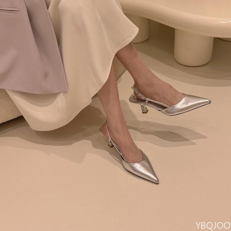 

Mid heeled women s high heels for summer 2025 pointed slim heels versatile single shoes simple comfortable casual sandals 39 серебряный