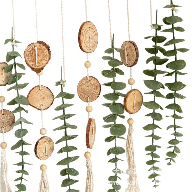 Bohemian Wall Hanging Decor with Natural Wood Slices and Green Eucalyptus Leaves