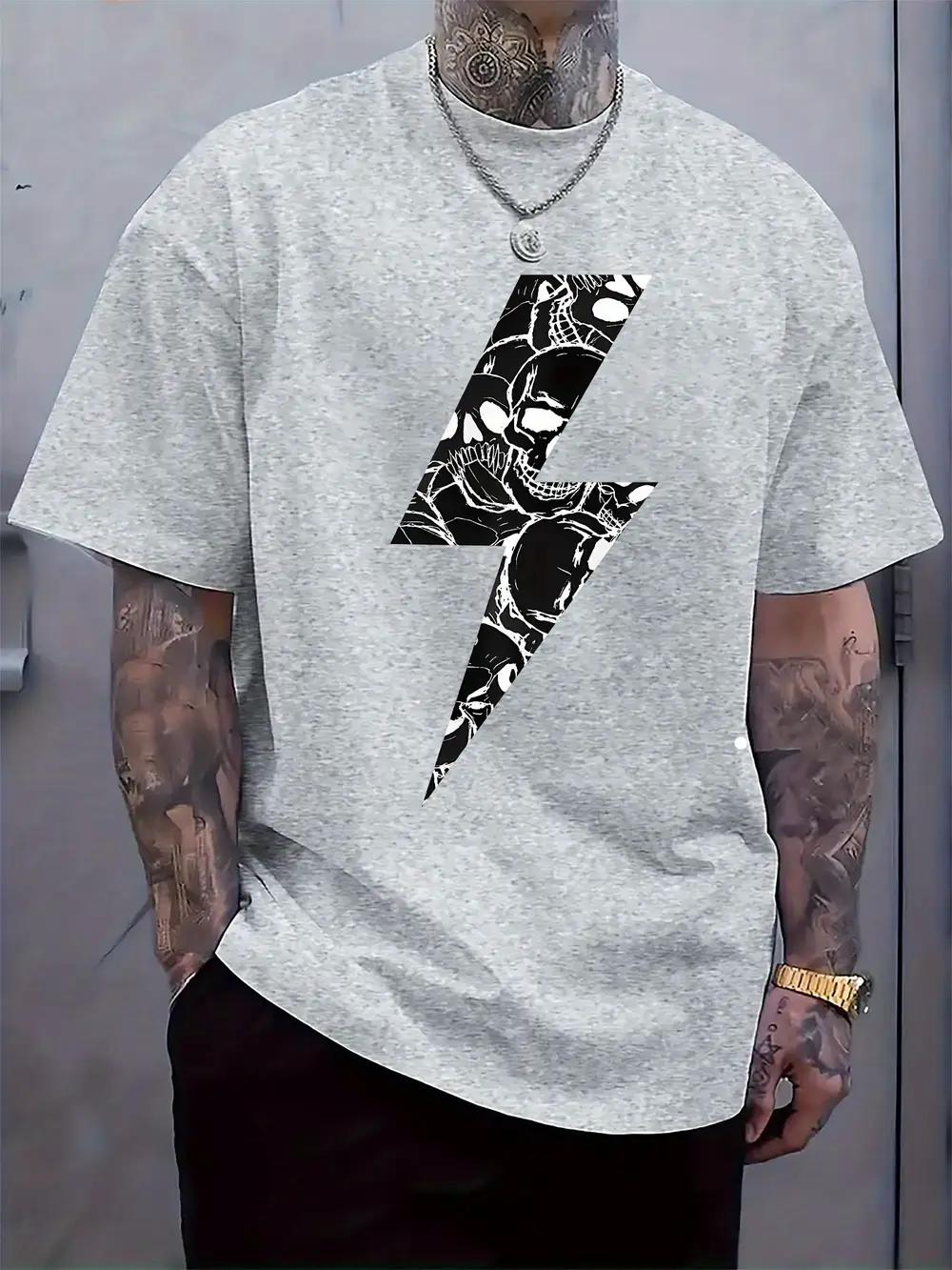 Casual Crew Neck T-shirt with Skull Lightning Print XXL