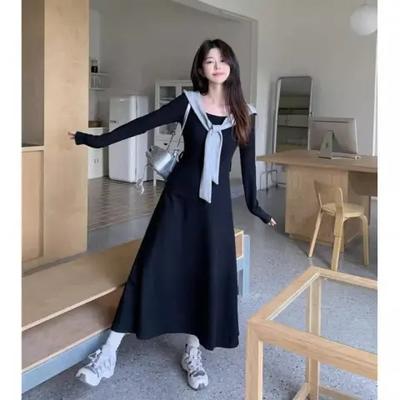 Autumn New Black Dress for Women with Waist and Thin Long Sleeves Korean Version of Hepburn Temperament Medium and Long Dress
