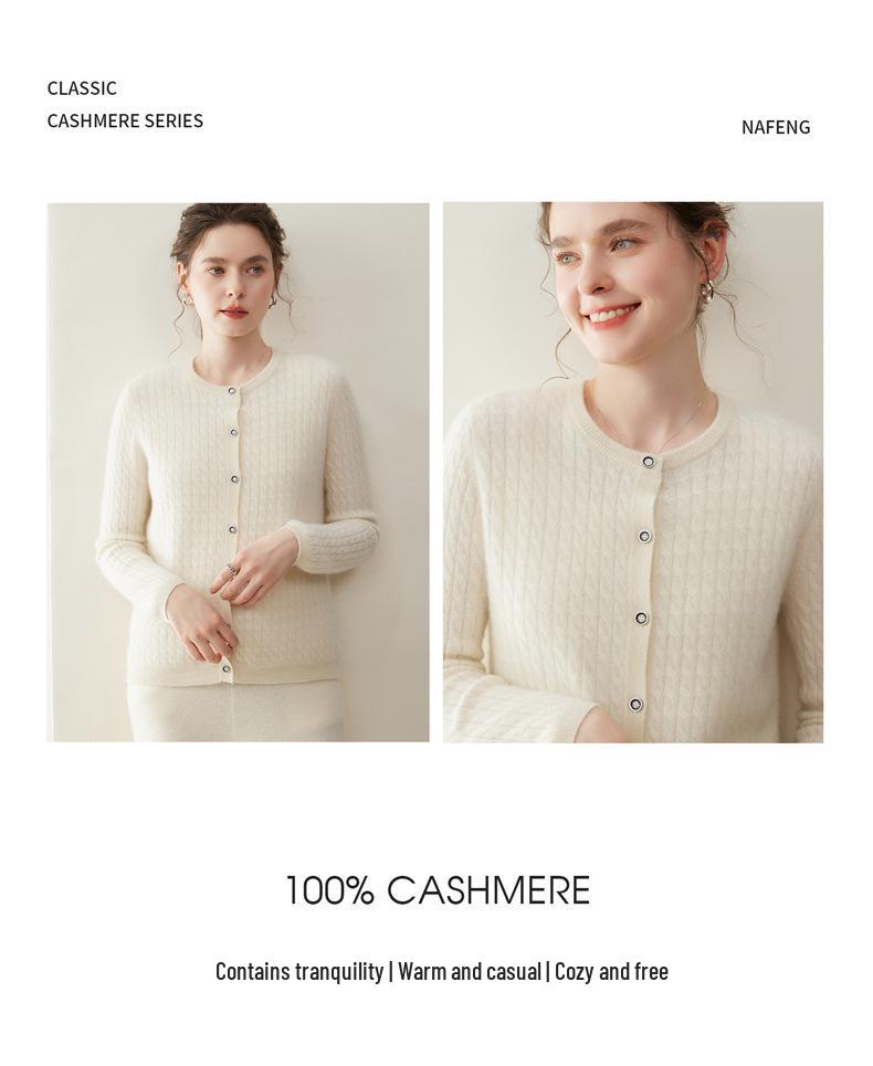 Women's 100% Pure Cashmere Cable Knit Round Neck Cardigan Sweater for Autumn and Winter