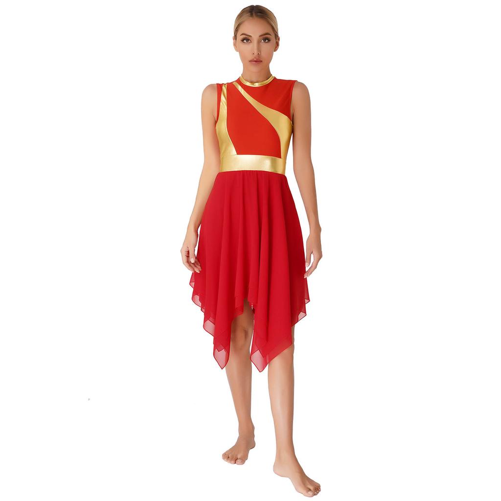 Womens Sleeveless Color Block Patchwork Dress Invisible Zipper Back Irregular Hem Lyrical Performance Dress