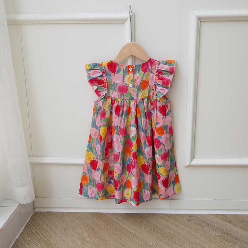 Tulip Sweet Round Neck Girls' Summer Dress with Small Flutter Sleeves, Cotton Princess Style - Stylish Children's Clothing for 2026.