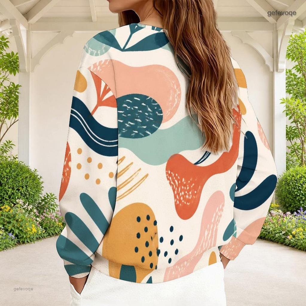 Women Plus Size Abstract Printed V Neck Front Zip Long Sleeve Sweatshirt