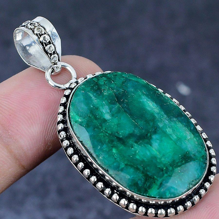 Skota Emerald Gemstone 925 Sterling Silver Jewelry Pendant 1.89"