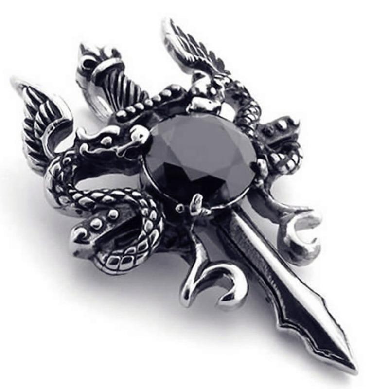 New Personality Design Punk Style Red Dragon Sword Pendant Necklace for Men Goth Retro Cross Stainless Steel Collar Rock Jewelry