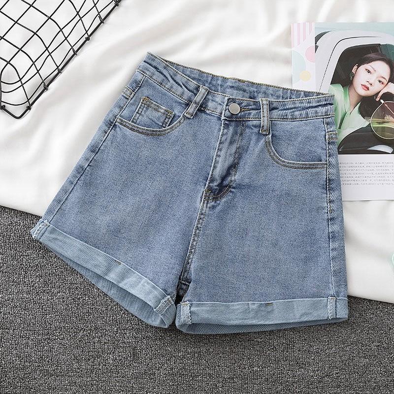 Basic-Baumwoll-Denim-Shorts für Damen, Sommer, hoher Bund mit umgeschlagenen Kanten, Freizeitkleidung