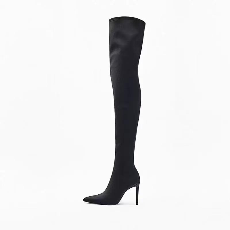 Botas de Moda Clásicas de Satén Elástico para Mujer Hasta el Muslo Otoño Invierno Elegantes Puntiagudas Tacón Alto Fino Tipo Calcetín Over the Knee Zapatos