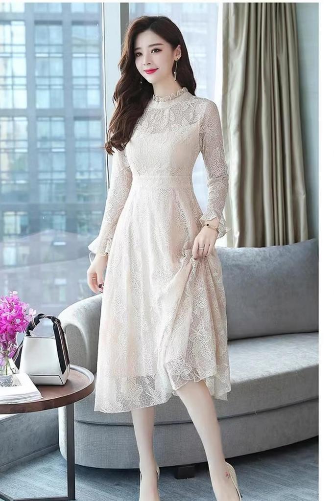 MATSUMIZUYU Lace Long Flare Dress with Long High and Lined for and and Fall Women's Sleeves, Sheer, Cute, Waist, Slimming, Stylish, Parties, Weddings,