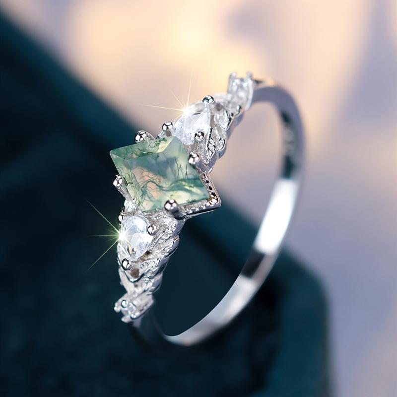 Vintage Grüner Moosstein Achat Ring für Frauen Echt 925 Sterling Silber Hochzeitsschmuck