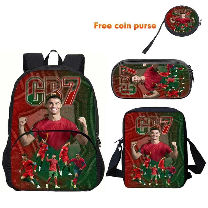 Ronaldo 3Pcs Set Backpack Sport Shoulder Bag Pencil Case Cr Backpack Football Star Book Bags For Boys Girls Best Gift