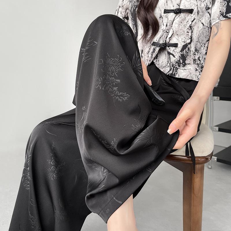 Women's Summer Thin Ice Silk Wide Leg Pants Casual Satin Chinese Style Trousers