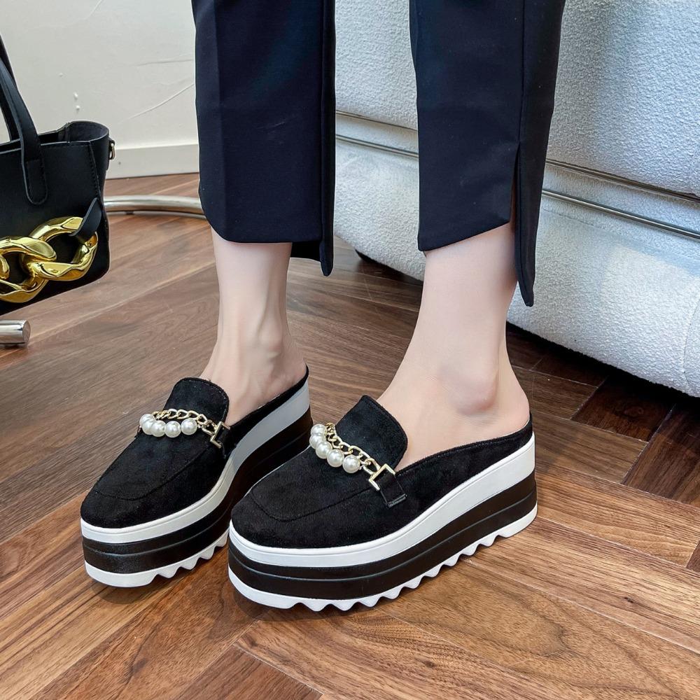 Womens Slippers Fashion Pearl Chain Shoes 7cm Heeled Suede Platform Comfortable Loafers Baotou Outdoor Casual Mules Slippers